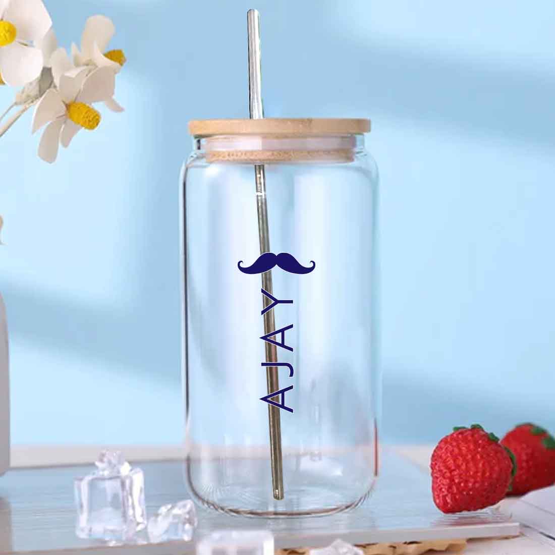 Nutcase Custom Can Shaped Glass with Metal Straw and Wooden Lid