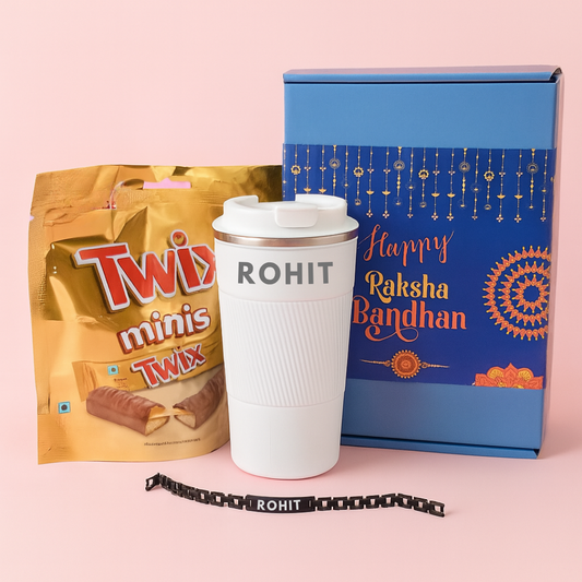 Personalized Rakhi Gift Set for Brother | Metal Bracelet Rakhi, Insulated Coffee Tumbler & Chocolates