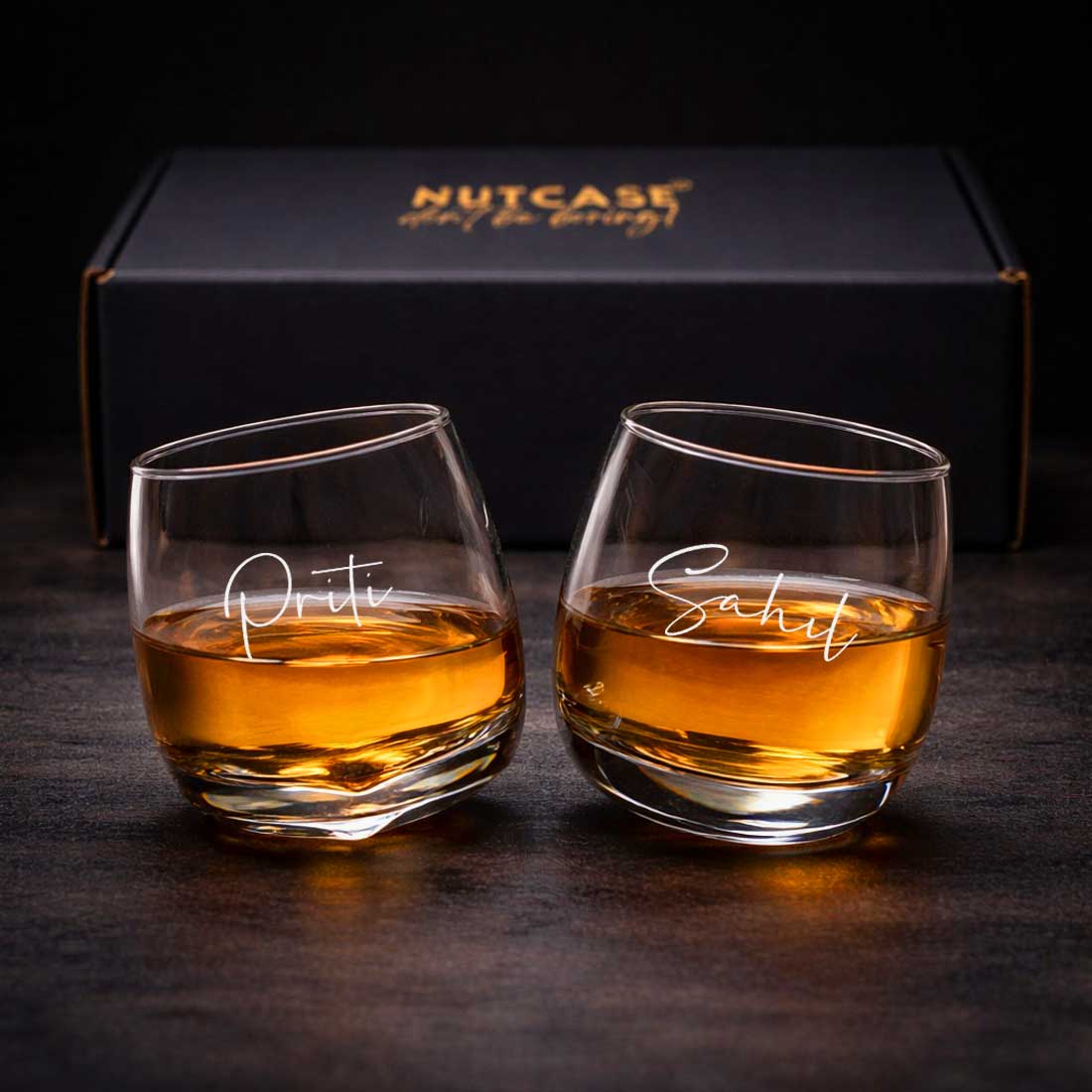 Personalized Rotating Whiskey Glass Set of 2 – Engraved Scotch Glass with Premium Box
