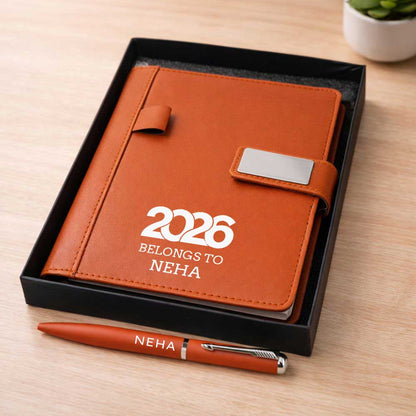 Custom Diary with Matching Engraved Pen | Premium Leatherette Diary with Name Black Gift Box