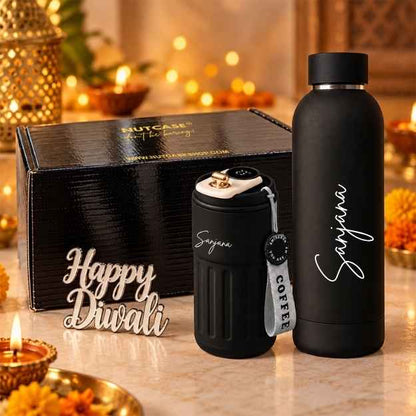Personalized Coffee tumbler and Water Bottle Diwali Gift Set Box - Insulated Black Coffee Tumbler (500 ml), Thermos Black Water Bottle (500 ml) & Golden Happy Diwali Cutout in a Festive Gift Box