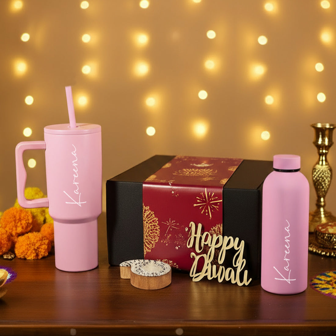 Personalized Diwali Gift Set – Custom Tumbler & Insulated Bottle with Candle