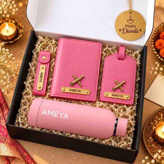 Personalized Corporate Diwali Gift Set for Employees – PU Leather Passport Cover, Luggage Tag, Keychain & Double-Insulated Bottle