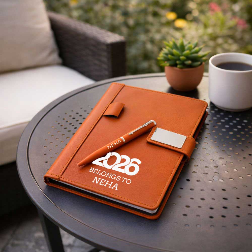 Custom Diary with Matching Engraved Pen | Premium Leatherette Diary with Name Black Gift Box