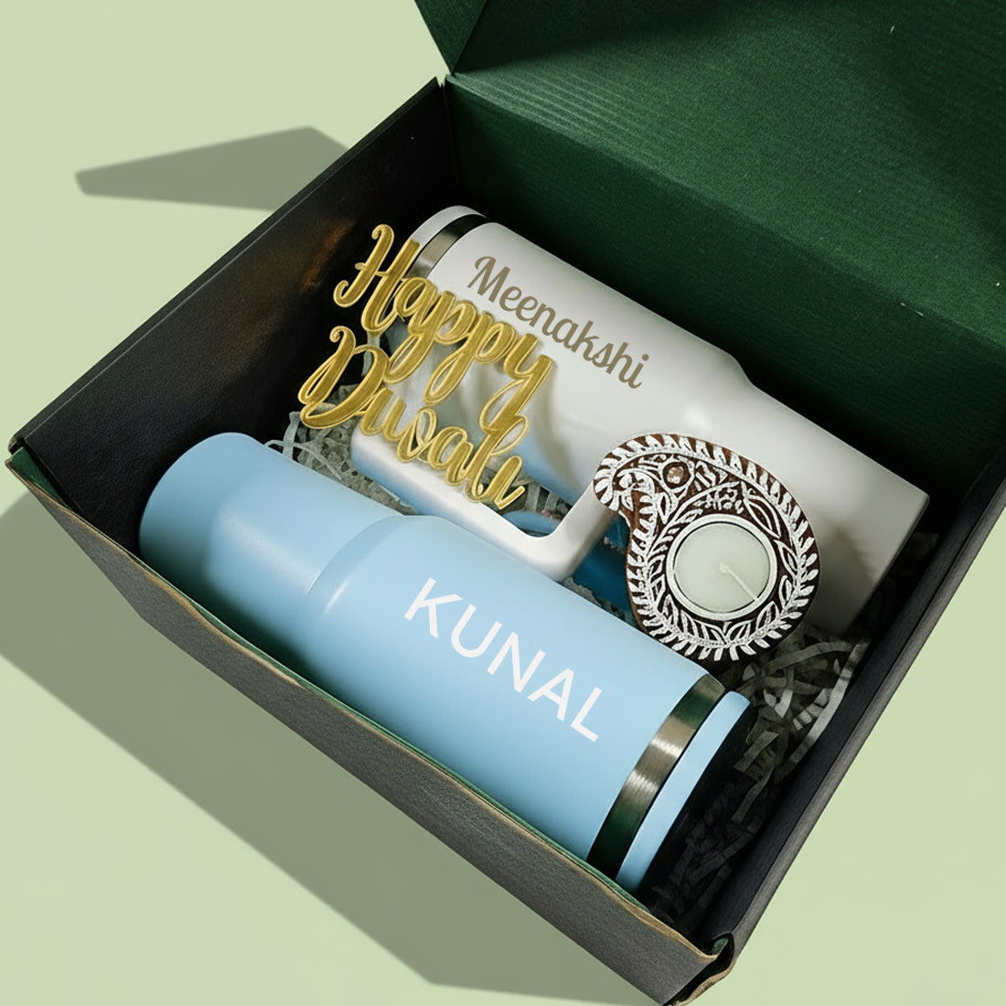 Personalized 1200ml Insulated Tumbler– Diwali Gift Set for Couples | Engraved Travel Mug With Straw