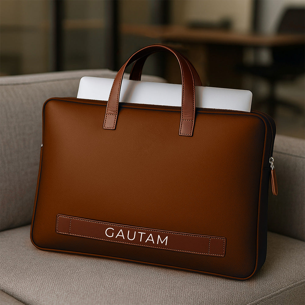 Custom Men’s Laptop Bag – Premium Brown Synthetic Leather Sleeve with Padded Compartment, Dual Handles & Zipper Closure | Fits Up to 15-inch Laptops