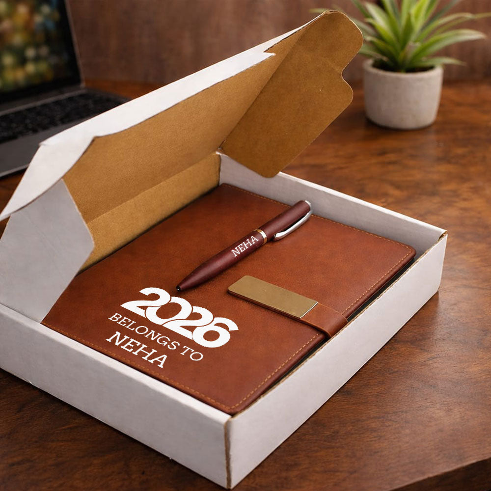 Custom Diary with Matching Engraved Pen | Premium Leatherette Diary with Name Black Gift Box