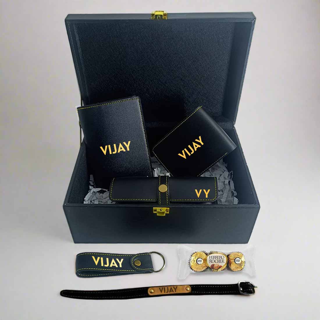 Rakhi Hampers For Brother with Custom Passport Cover, Mens Wallet, Sunglass Case, Key Chain and Stylish Rakhi