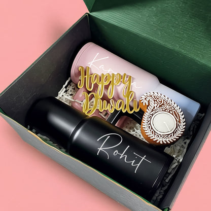 Personalized 1200ml Insulated Tumbler– Diwali Gift Set for Couples | Engraved Travel Mug With Straw