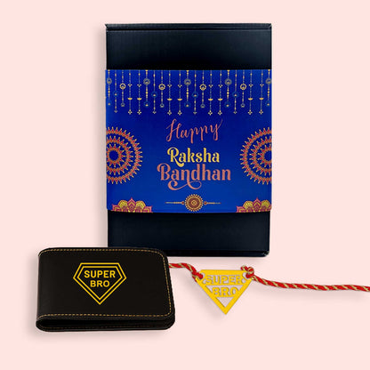 Raksha Bandhan Gift Set for Brother – Super Bro Acrylic Rakhi with Premium Combo, Faux Leather Wallet, Sunglass Holder