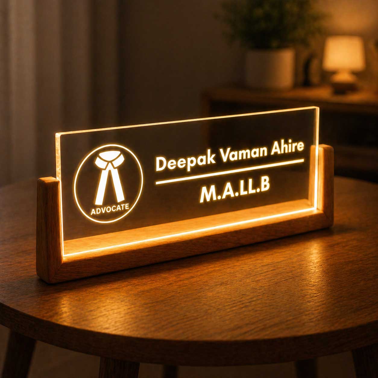 Custom Wooden LED Desk Name Plate – Lawyer Desk Name Plaque