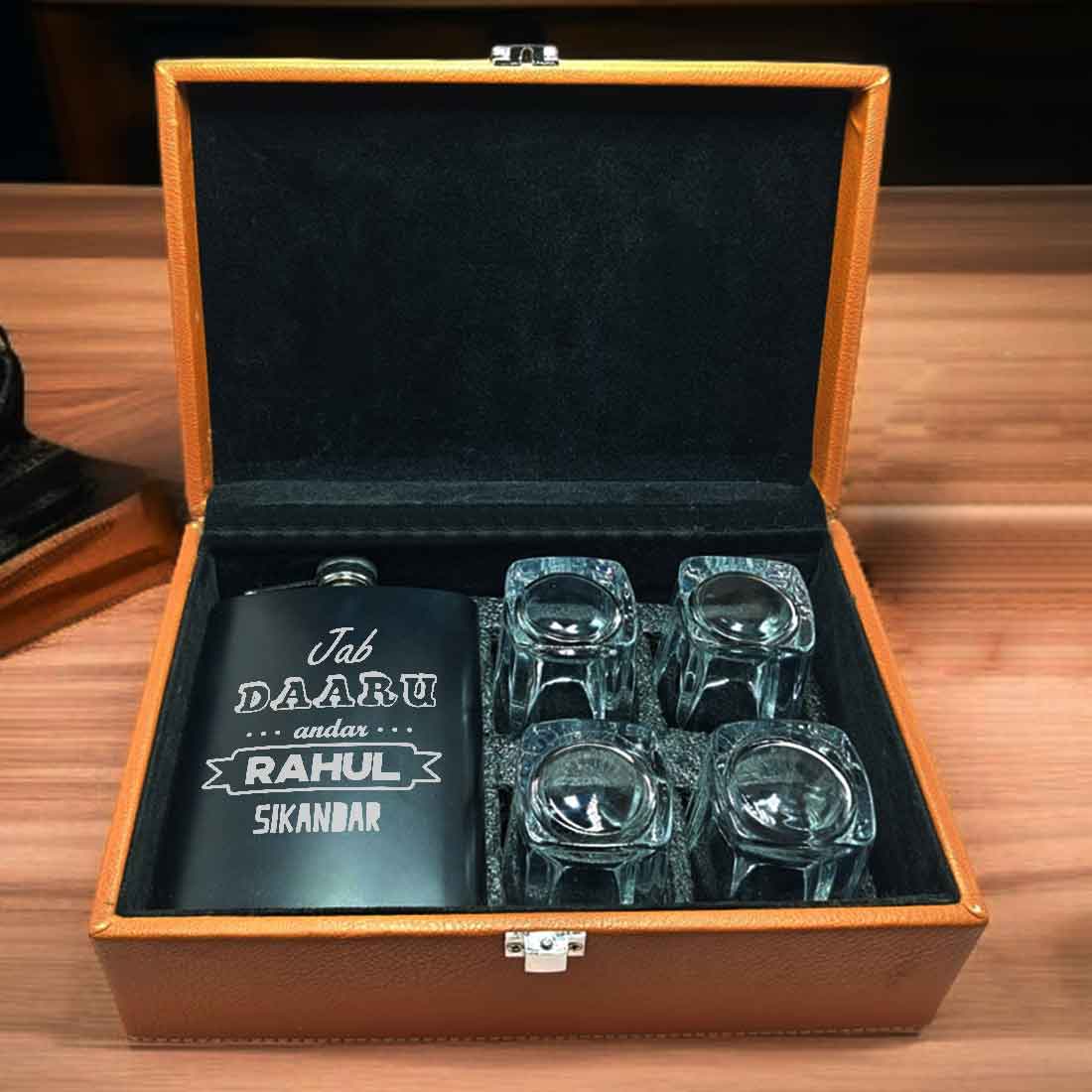 Customized Engraved Flask for Men Stainless Steel Hip Flasks  - Jab Daaru Andar