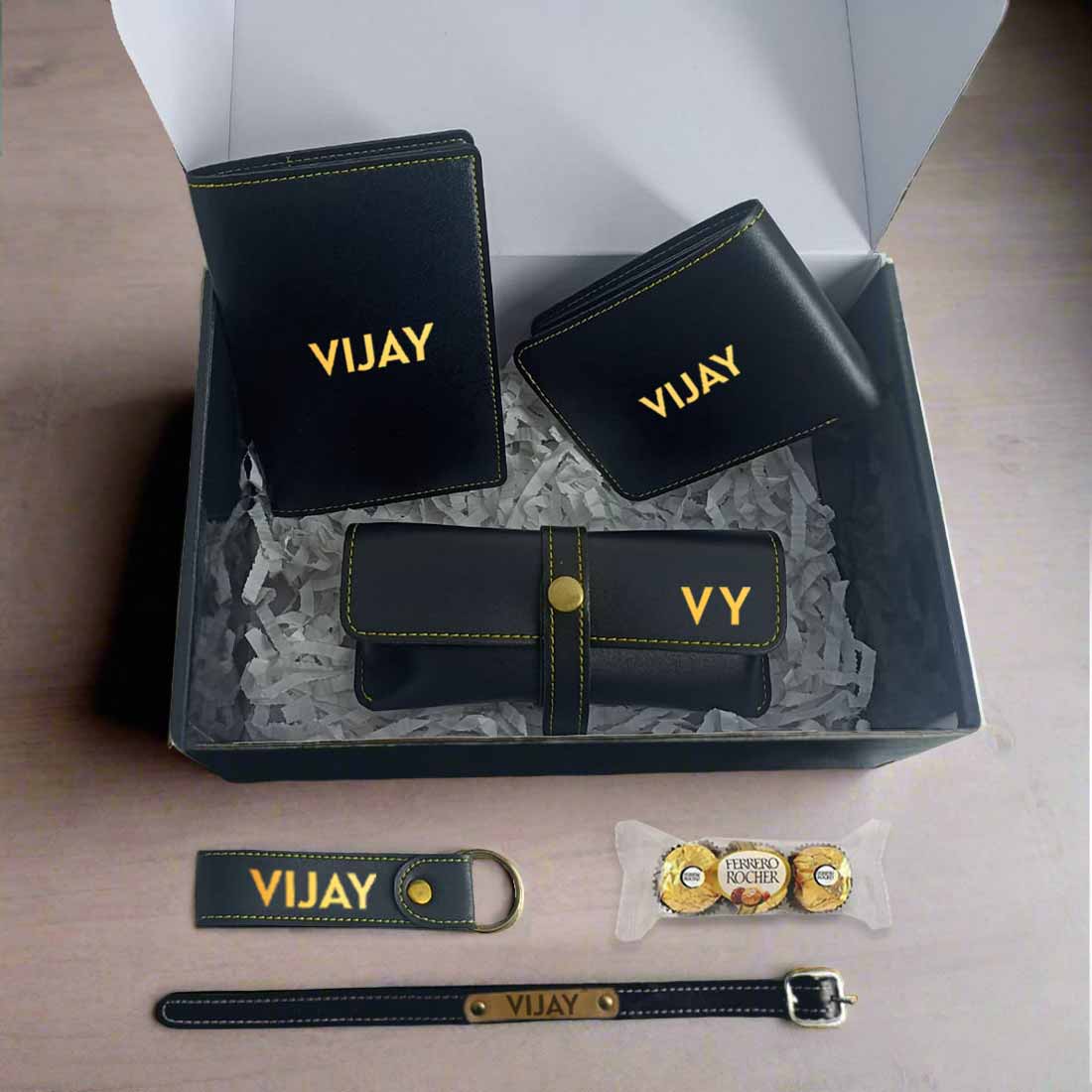 Rakhi Hampers For Brother with Custom Passport Cover, Mens Wallet, Sunglass Case, Key Chain and Stylish Rakhi