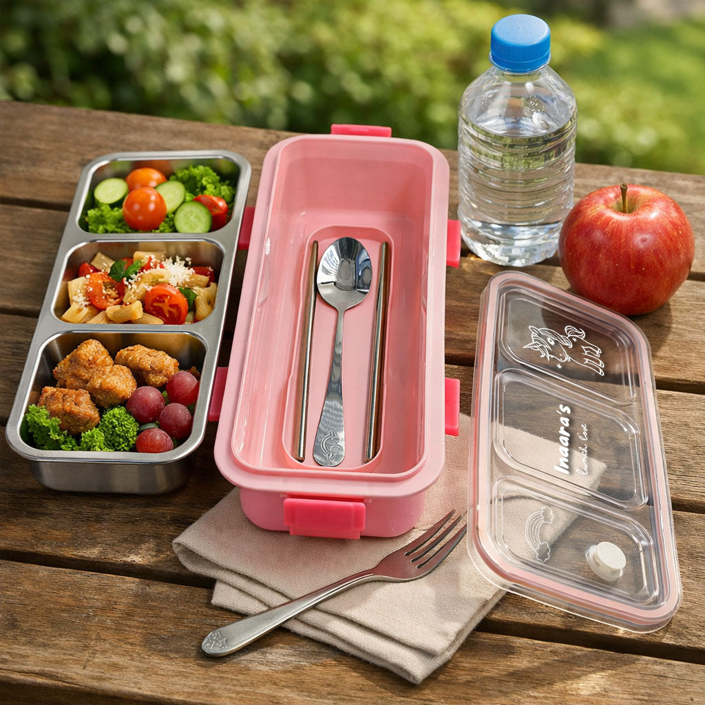 Personalized Stainless Steel Tiffin Box for Kids - 3 Compartment Leak-Proof Lunch Box with Metal Spoon & Cutlery Slot