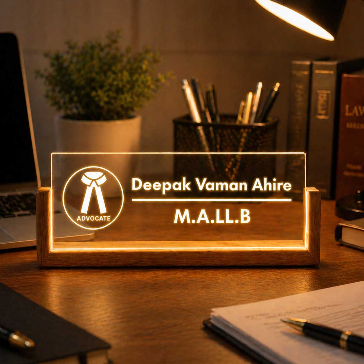 Custom Wooden LED Desk Name Plate – Lawyer Desk Name Plaque