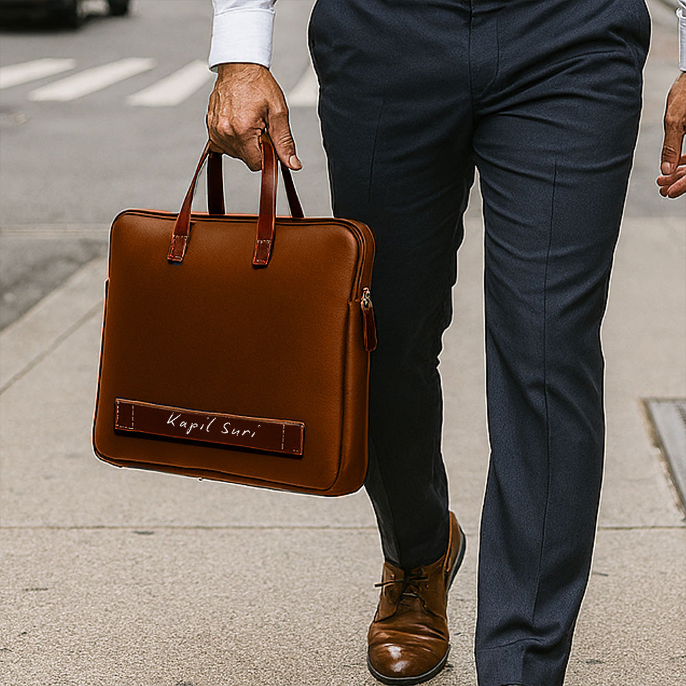 Custom Men’s Laptop Bag – Premium Brown Synthetic Leather Sleeve with Padded Compartment, Dual Handles & Zipper Closure | Fits Up to 15-inch Laptops