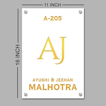 White Name Plate for Home - Premium Vertical Nameplate with Golden Debossed Details