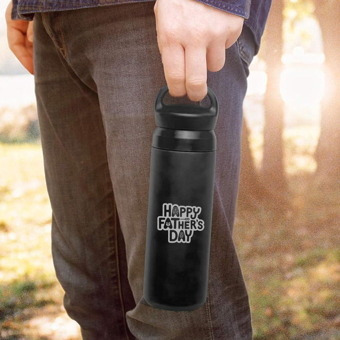 Father’s Day Gift Insulated Water Bottle – 500ml Black Stainless Steel Bottle with Handle