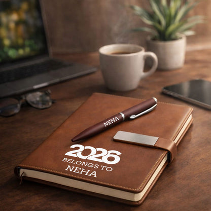 Custom Diary with Matching Engraved Pen | Premium Leatherette Diary with Name Black Gift Box