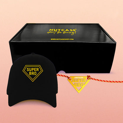 Raksha Bandhan Gift for Brother – Super Bro Black Cap with  Golden Acrylic Rakhi