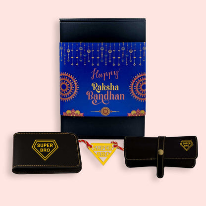 Raksha Bandhan Gift Set for Brother – Super Bro Acrylic Rakhi with Premium Combo, Faux Leather Wallet, Sunglass Holder