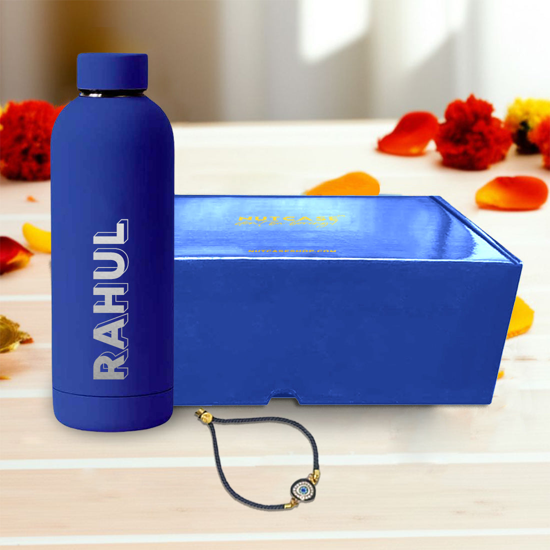 Personalized Rakhi Gift Set for Brother – Insulated Name Bottle & Evil Eye Rakhi