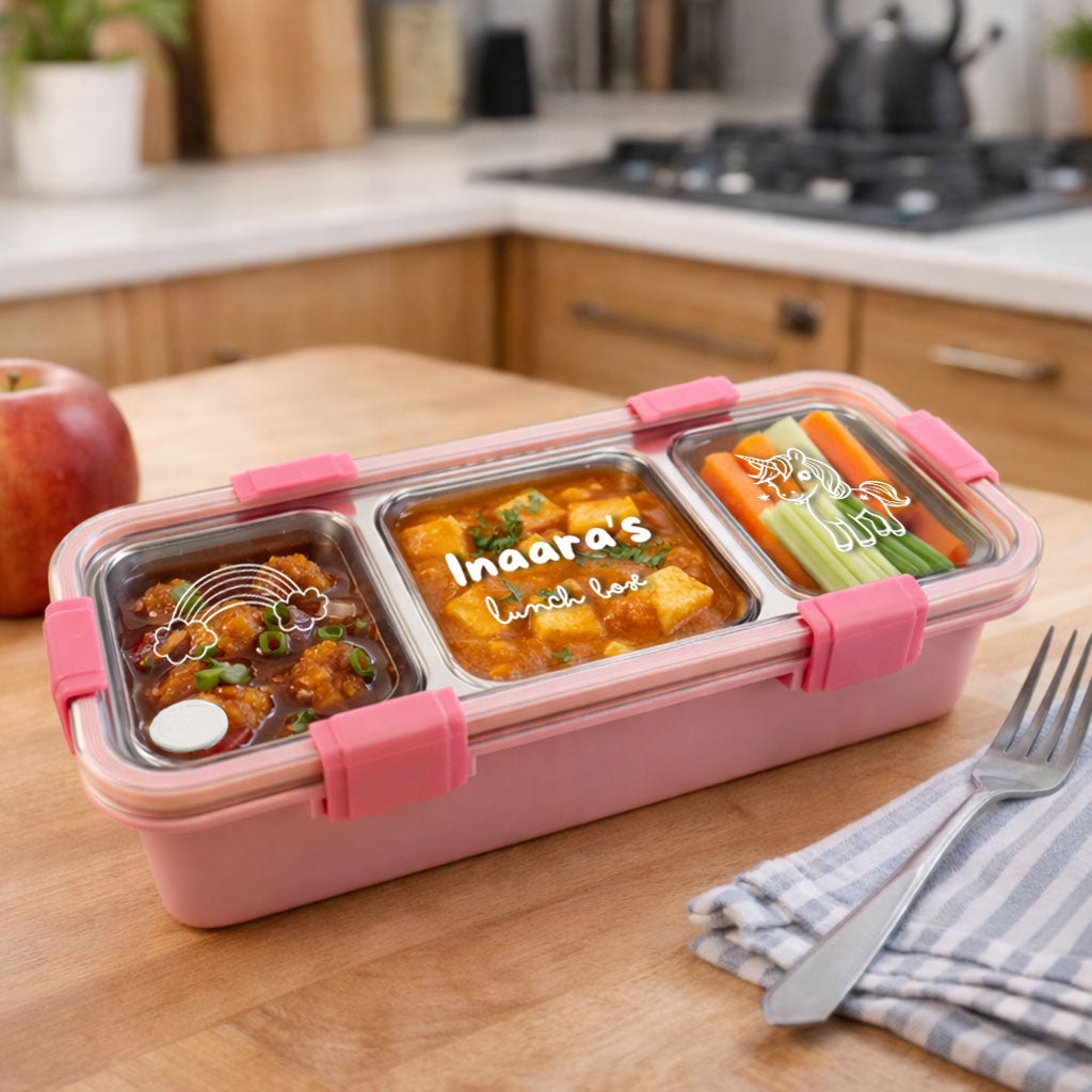 Personalized Stainless Steel Tiffin Box for Kids - 3 Compartment Leak-Proof Lunch Box with Metal Spoon & Cutlery Slot