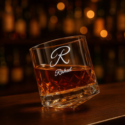 Personalized Premium Whiskey Glass Set of 2 – Engraved Rotating Whisky Glasses, Premium Gift for Men, Birthdays & Barware Lovers