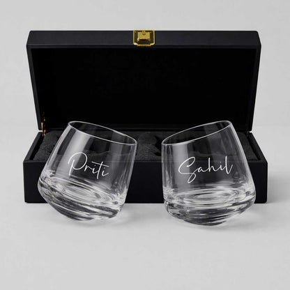 Personalized Rotating Whiskey Glass Set of 2 – Engraved Scotch Glass with Premium Box