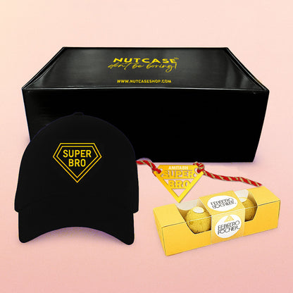 Raksha Bandhan Gift for Brother – Super Bro Black Cap with  Golden Acrylic Rakhi