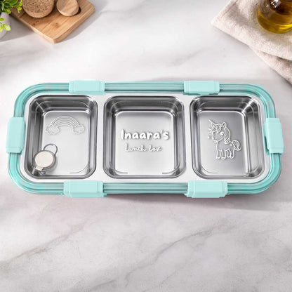Personalized Stainless Steel Tiffin Box for Kids - 3 Compartment Leak-Proof Lunch Box with Metal Spoon & Cutlery Slot