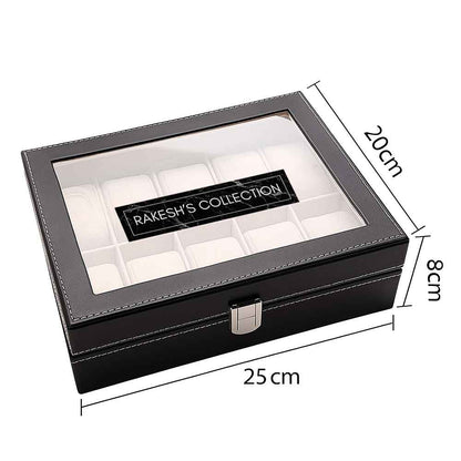 Customized Wrist Watch Case with 10 Slot Faux Leather Watch Organizer Box with Glass Lid