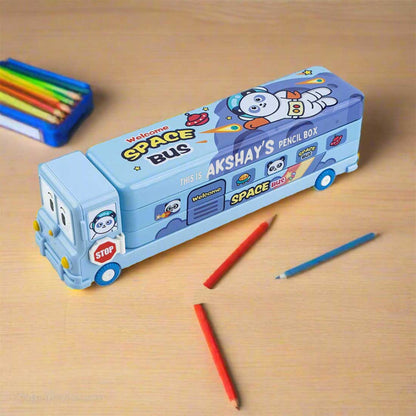 Personalized Bus Pencil Box for Kids - Space Bus with Built-in Sharpener