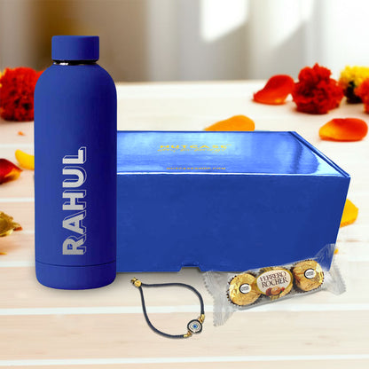 Personalized Rakhi Gift Set for Brother – Insulated Name Bottle & Evil Eye Rakhi