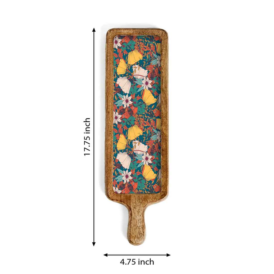 Stylish Serving platters for Snacks | Mango Wooden Bat Platter Rectangular Tray with Handle - Birds