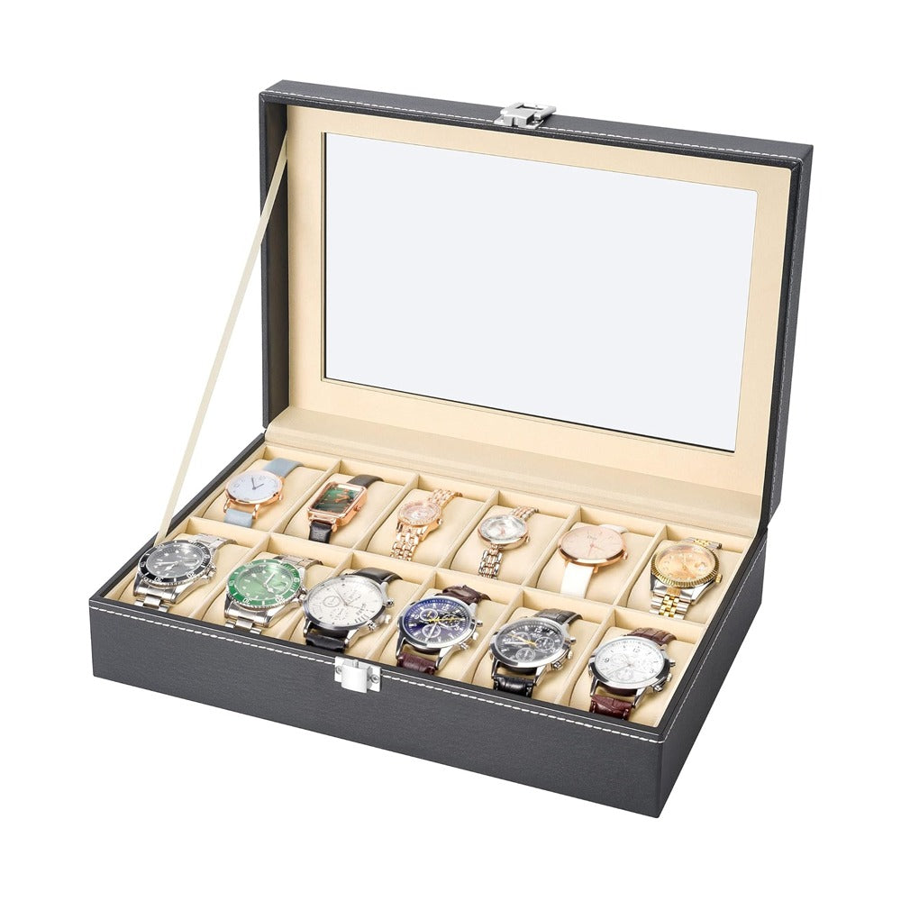 Personalized Watch Box Organizer – 10 Slot Faux Leather Wrist Watch Storage Case with Glass Lid