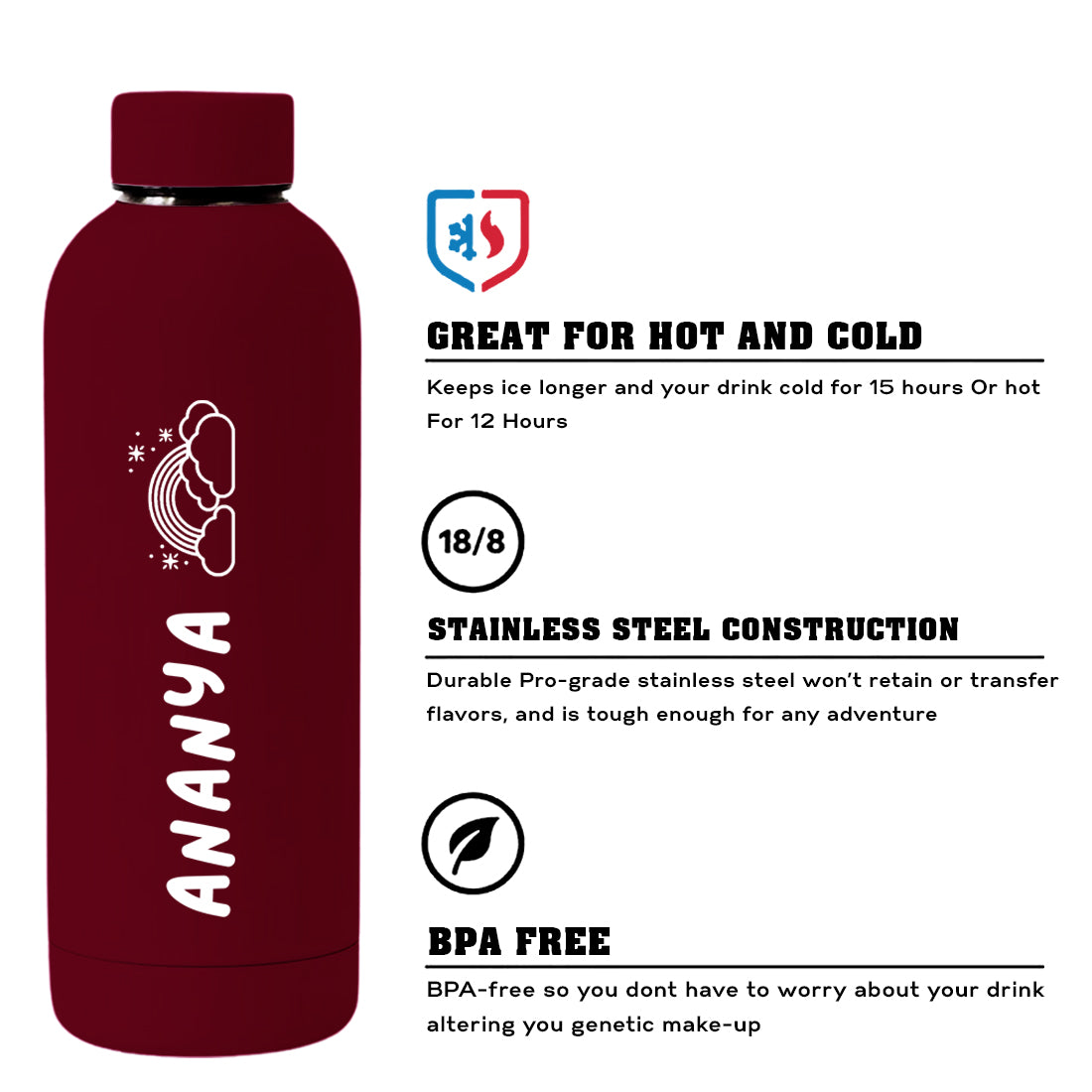 Personalized Stainless Steel Water Bottle for Kids with Rainbow Design – 500ml Double Insulated, Leakproof, BPA-Free Thermos for School, Travel & Home