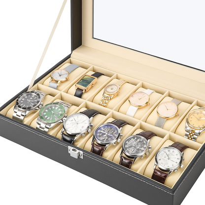 Customized Wrist Watch Case with 10 Slot Faux Leather Watch Organizer Box with Glass Lid