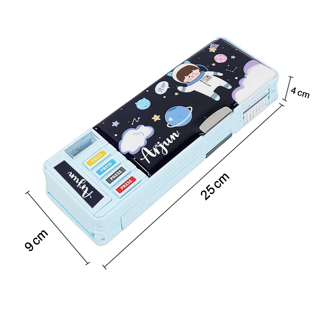 Customize Pencil Box with Name Switch Operated Multi-functional Compass Box for Kids with Press buttons