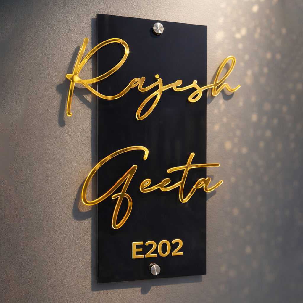 Name Plate for Home | Premium Acrylic Name Plate with Black Base & Golden Initials for Home and Office