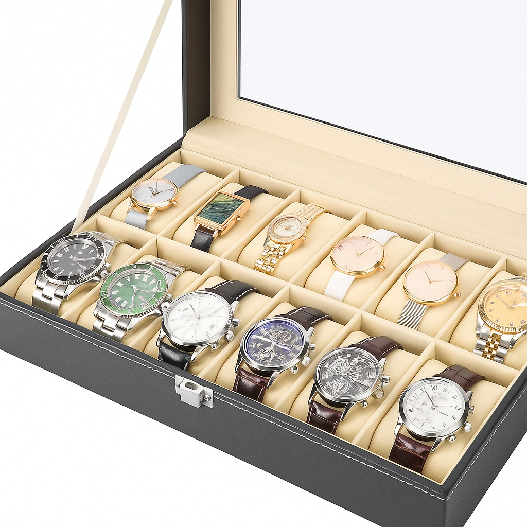 Personalized Watch Box Organizer – 10 Slot Faux Leather Wrist Watch Storage Case with Glass Lid