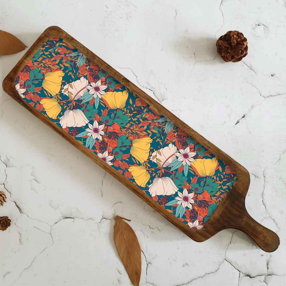 Stylish Serving platters for Snacks | Mango Wooden Bat Platter Rectangular Tray with Handle - Birds