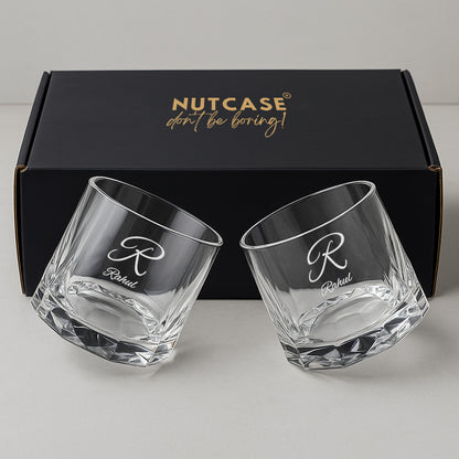 Personalized Premium Whiskey Glass Set of 2 – Engraved Rotating Whisky Glasses, Premium Gift for Men, Birthdays & Barware Lovers