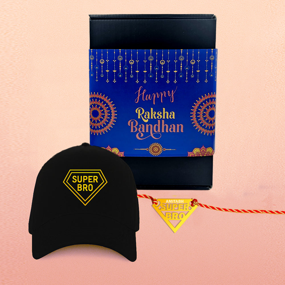 Raksha Bandhan Gift for Brother – Super Bro Black Cap with  Golden Acrylic Rakhi