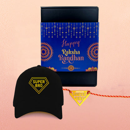 Raksha Bandhan Gift for Brother – Super Bro Black Cap with  Golden Acrylic Rakhi