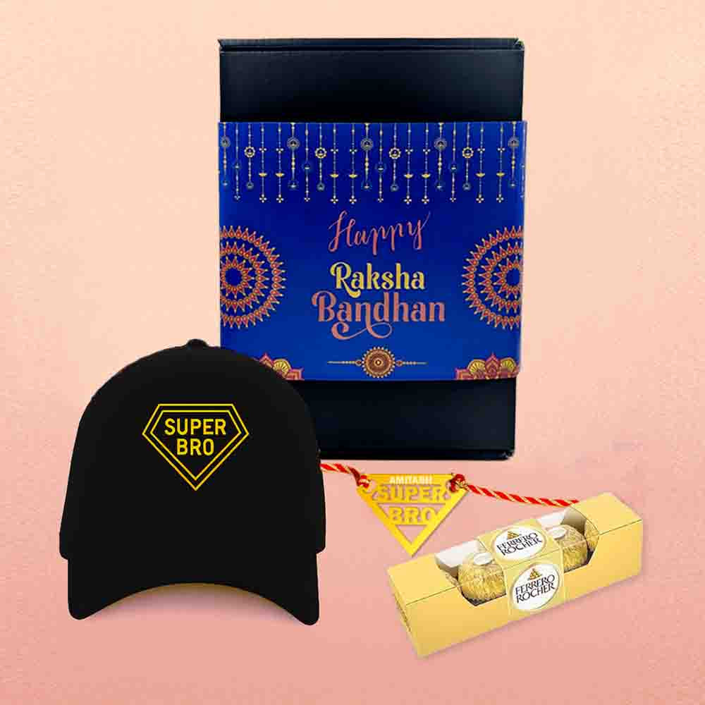 Raksha Bandhan Gift for Brother – Super Bro Black Cap with  Golden Acrylic Rakhi