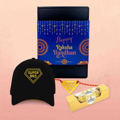 Raksha Bandhan Gift for Brother – Super Bro Black Cap with  Golden Acrylic Rakhi