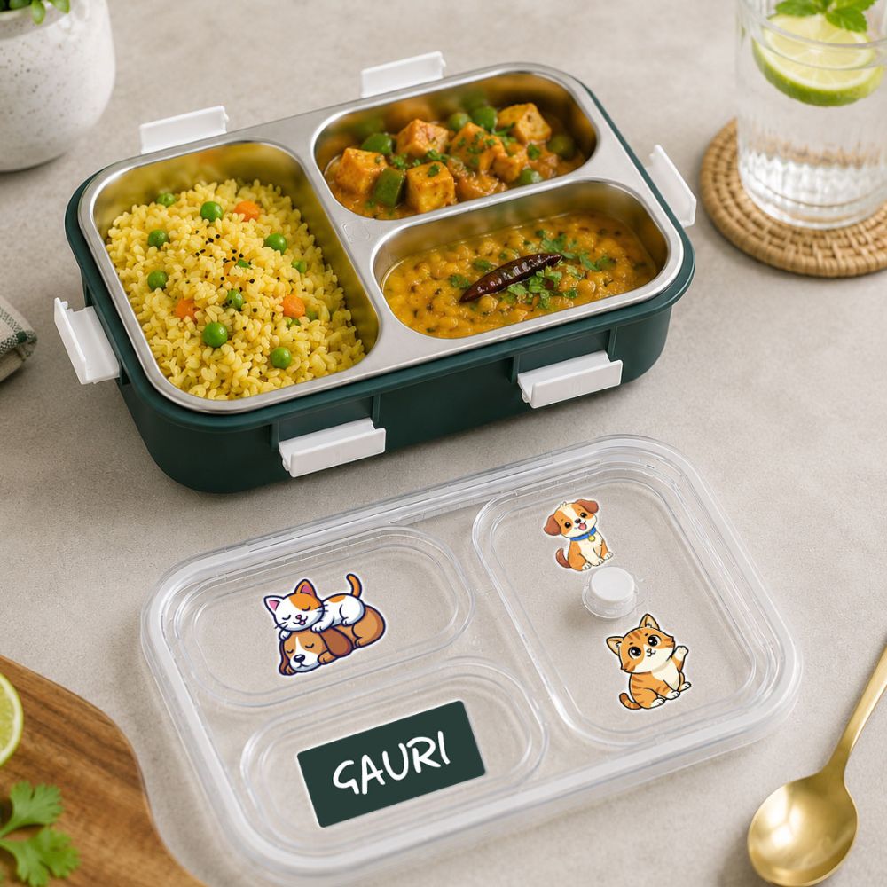 Personalized Kids Stainless Steel Lunch Box | Custom Name 3 Compartment Leakproof Tiffin Box