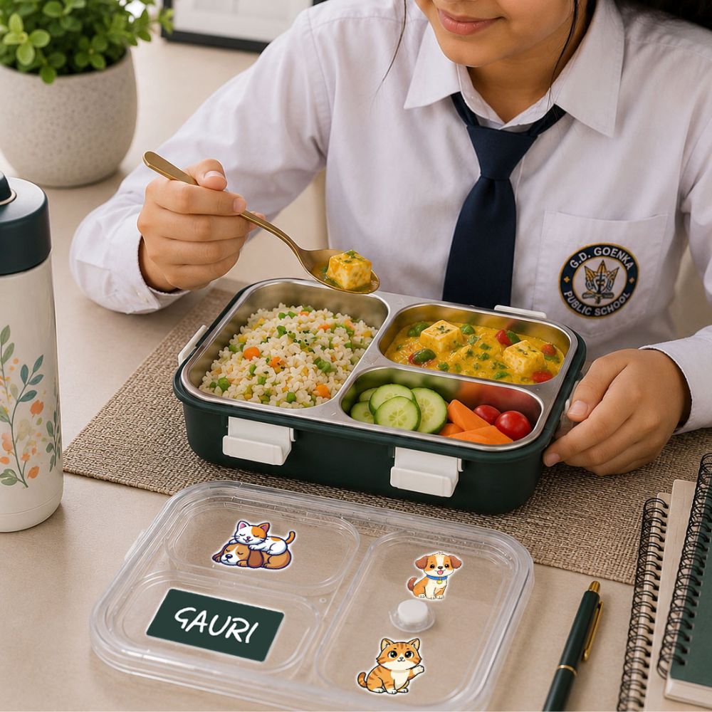 Personalized Kids Stainless Steel Lunch Box | Custom Name 3 Compartment Leakproof Tiffin Box
