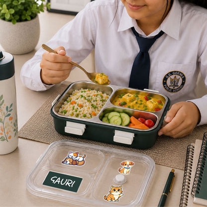 Personalized Kids Stainless Steel Lunch Box | Custom Name 3 Compartment Leakproof Tiffin Box